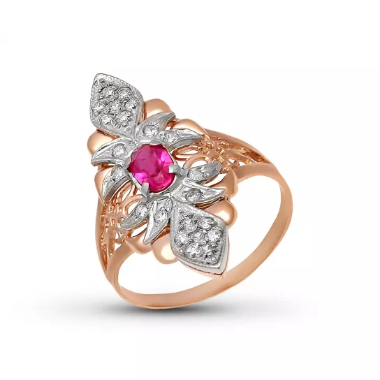 Кольцо с фианитом и изумрудом из золота