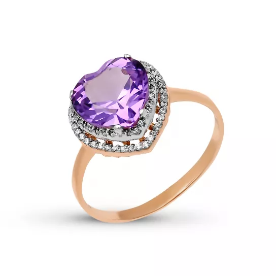 Кольцо с фианитом и аметистом из золота